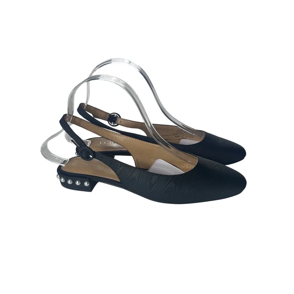 J.Crew Pearl-Heel Slingback Flats Black Textile BU506 Womens‎ Size 5 NEW